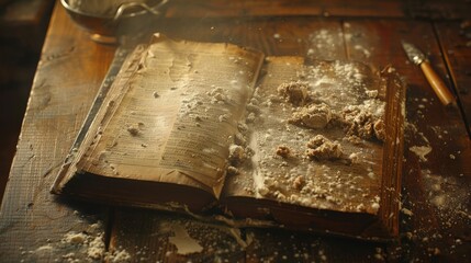 Old Cookbook on Rustic Wooden Table Surrounded by Baking Ingredients