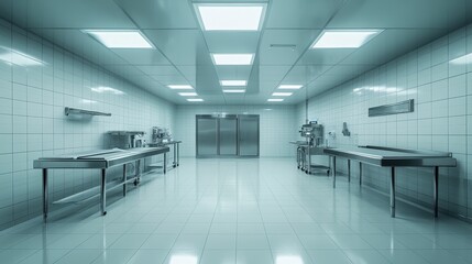 Obraz premium Sterile stainless steel room with equipment. Ideal for medical, lab, or food industry themes.