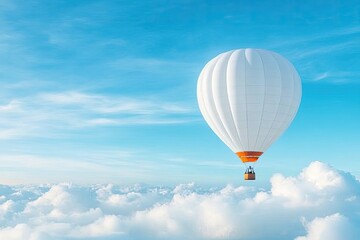 Naklejka premium hot air balloon drifts serenely across vast cloud-filled sky its hues vibrant against gentle backdrop