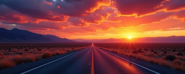 Fiery sunset paints the vast Utah landscape, deserted highway vanishes into the distance , scenic, vibrant