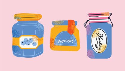 Collection of colorful jam jars with fruit labels isolated on a pink background. Set of fruit jams in glass jars in cartoon style. Hand-drawn flat vector illustration. Homemade marmalade jars.