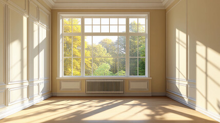 Fototapeta premium an empty room with a large window and a radiator