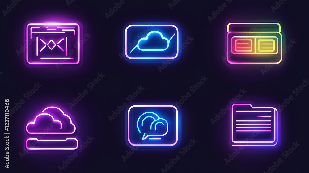 Poster database network server and cloud storage color line vector icon of internet technology. data server