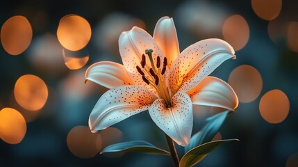 Fototapeta premium Close-up of a speckled, cream-colored lily against a bokeh background.
