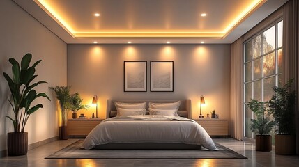 Cozy and Inviting Bedroom with Plush Bed Surrounded by Soft Textiles and a Lush Green Plant Adding a Touch of Nature Creating a Peaceful and Relaxing Atmosphere for Restful Sleep