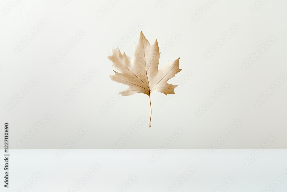Poster minimalist illustration of single leaf floating on white background subtle gradient shading clean mo