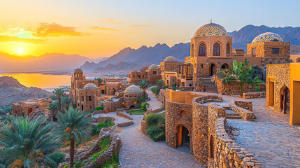 Fototapeta premium Middle Eastern village at sunrise with mountains and lake in background, ideal for travel advertising