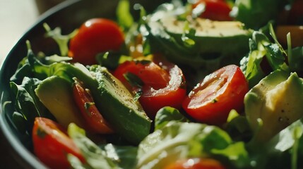 Close-up view of a vibrant and healthy salad featuring fresh tomatoes, creamy avocados, and crisp lettuce
