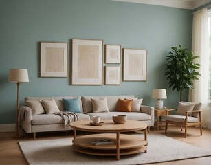 A modern Scandinavian-inspired living room with an off-white designer sofa set and photo frames is displayed on the wall 3d illustration interior design image.