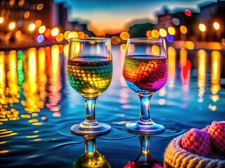 Slow-motion HD captures two drinks gently swaying on a moonlit waterfront at night.
