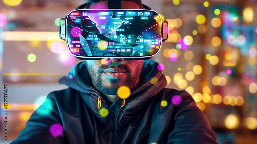 Poster a person experiencing virtual reality with vibrant graphics and colorful lights in a modern setting