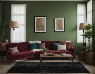 A modern Scandinavian-inspired living room with a purple designer sofa set and photo frames is displayed on the wall 3d illustration interior design image.