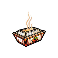 A steaming delivery box, evocative of a hot meal arriving, symbolizing comfort and timely service.