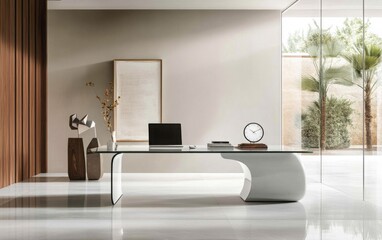 A contemporary executive office with a glass-top desk, a minimalist laptop stand, and a chic desk clock. 