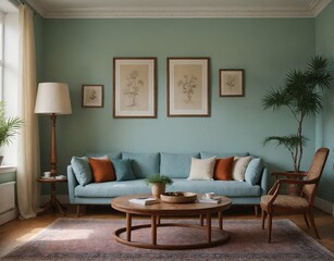 Fototapeta premium A modern Scandinavian-inspired living room with a designer sofa set and photo frames is displayed on the wall 3d illustration interior design image.