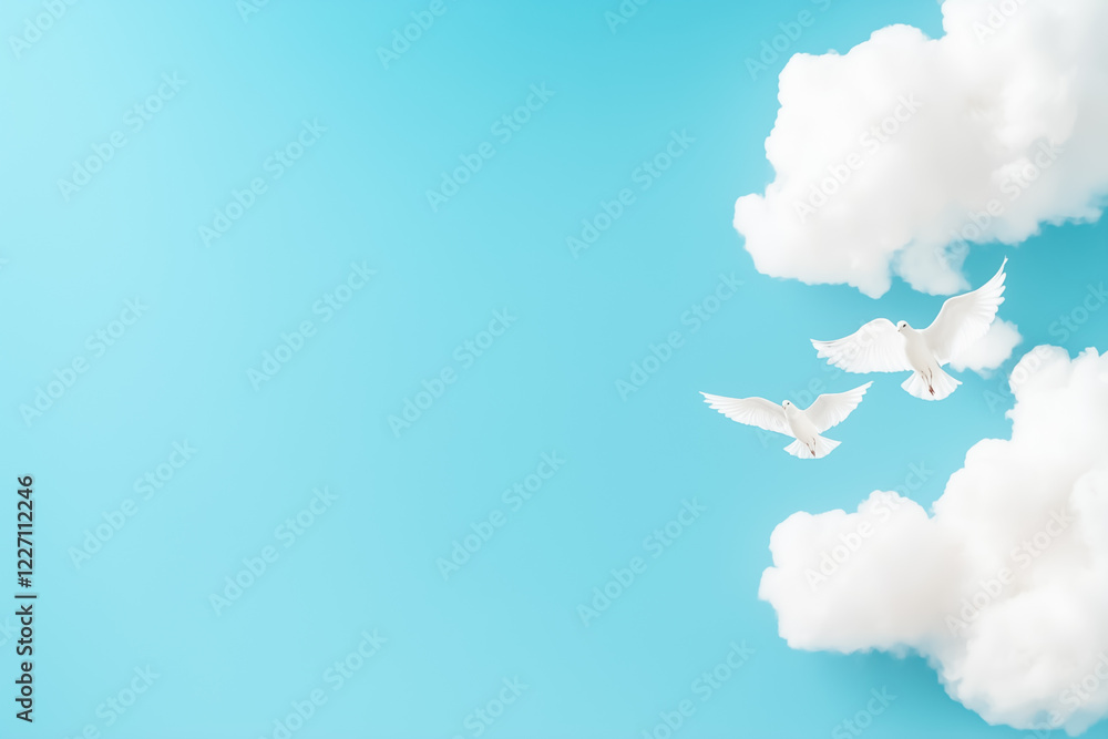 Poster soft clouds float in an organized arrangement against a bright, clear sky at midday. the neutral bac