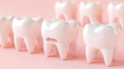 Damaged tooth among healthy teeth, pink background, dental care
