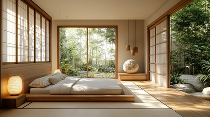 Obraz premium Cozy and Inviting Bedroom Featuring a Spacious Bed Bathed in Natural Light from a Large Window Overlooking a Serene Outdoor View Creating a Relaxing and Peaceful Atmosphere for Rest