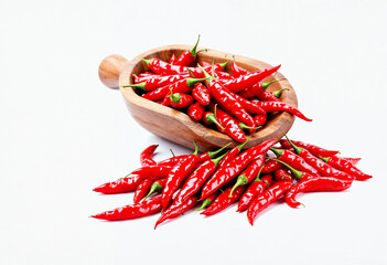 Wooden scoop full of red hot chili pepper isolated on transparent or white background, png