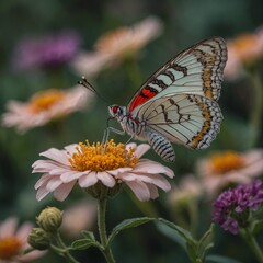 Obraz premium A delicate butterfly with vibrant colors perched on a pale flower, its wings catching the light.