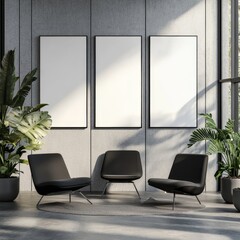 Modern waiting area with three black chairs, three blank frames, and potted plants.