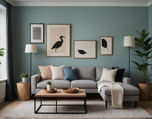 Fototapeta premium A modern Scandinavian-inspired living room with a designer sofa set and photo frames is displayed on the wall 3d illustration