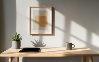Fototapeta premium A modern workspace featuring a light wood desk with a tablet, a ceramic mug, and a small succulent. 