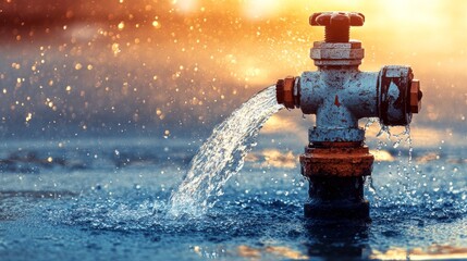 Obraz premium Urban Water Fountain Spray in Backlit Sunset Glow