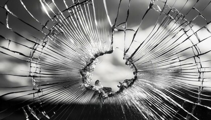 Close-up of shattered glass , crack mirrors and reflections the blue sky with blur; background graphic resource