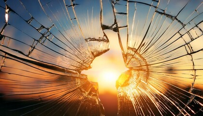 Close-up of shattered glass , crack mirrors and reflections the blue sky with blur; background graphic resource