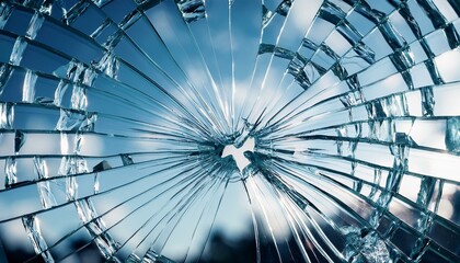 Close-up of shattered glass , crack mirrors and reflections the blue sky with blur; background graphic resource