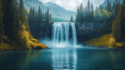 Fototapeta premium Majestic Waterfall Cascading into a Serene Lake Surrounded by Lush Forest and Mountain Peaks