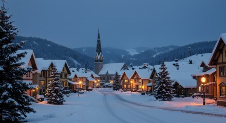 Fototapeta premium Snowy Village Street at Dusk Winter Wonderland Scene