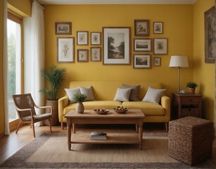 Obraz premium A modern Scandinavian-inspired living room with a designer sofa set and photo frames is displayed on the wall 3d illustration