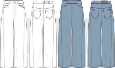 Unisex Baggy jeans, Boyfriend Jeans, Mom-fit Jeans, Denim Pants Front and Back View. Fashion Flat Sketch Vector illustration, CAD, Technical Drawing, Flat Drawing, Template, Mockup. © gulsenbozkurt