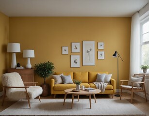 A modern Scandinavian-inspired living room with a designer sofa set and photo frames is displayed on the wall 3d illustration