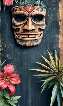 Tropical Tiki Mask on Wood, Floral Frame,  Website Banner