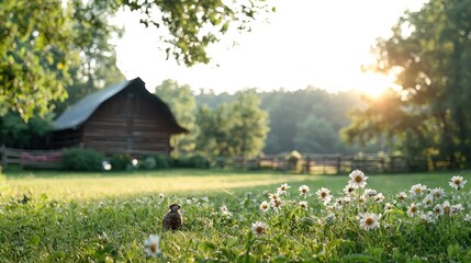 Sunrise over rustic barn, daisies, peaceful countryside; idyllic rural scene for calendar or postcard