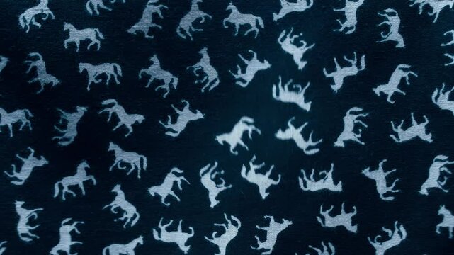 Black fabric with white horses fluttering in the wind. Closeup. Macro