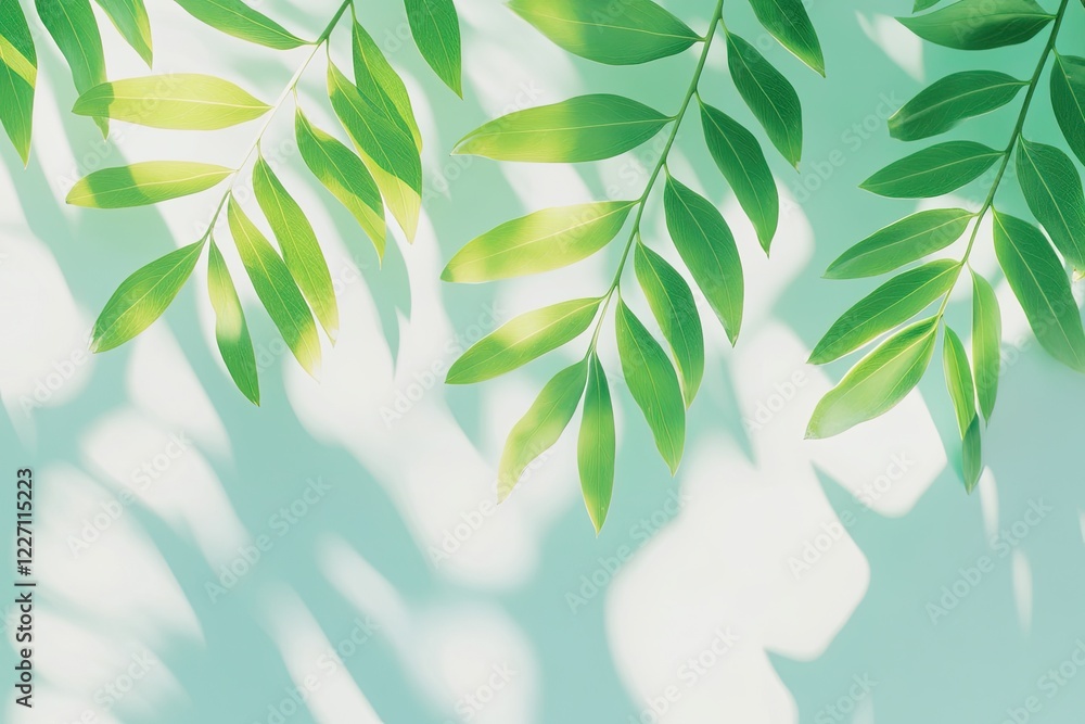 Poster serene close-up of fresh green leaves with sunlight filtering through soft shadows and blurred backg