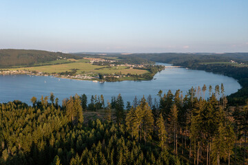 Bleiloch Dam in Thuringia, Germany in summer from the air with SUP