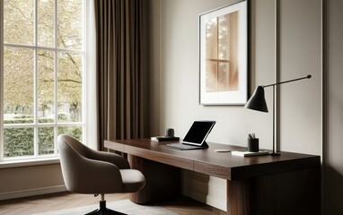 Fototapeta premium A sophisticated home office with a dark walnut desk, a high-end tablet, and a luxury pen. 