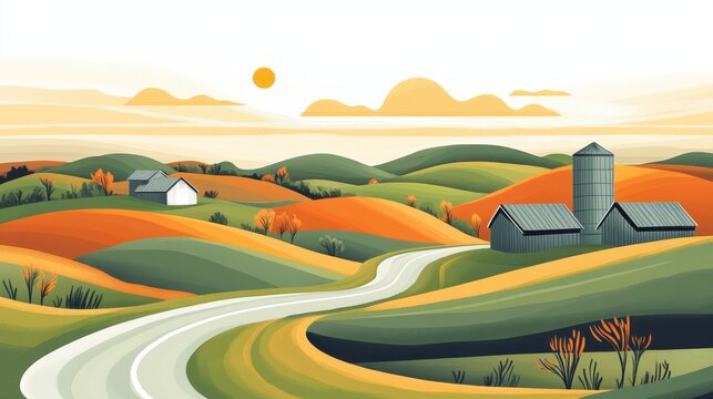 Colorful rural landscape with rolling hills and farm buildings under sunset sky