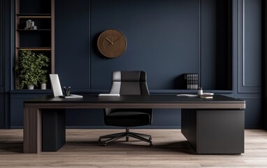 A stylish corporate office with a matte black desk, a sleek desk organizer, and a bold metallic sculpture. 