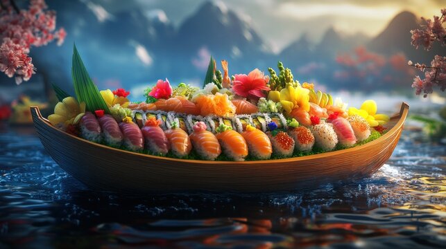 Sushi boat floats on serene lake, mountains background; restaurant menu image