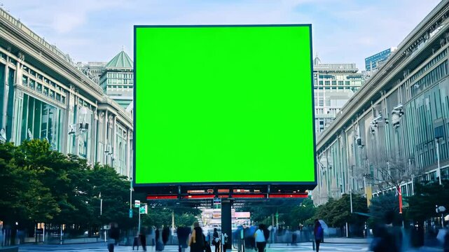 Blank advertising billboard with isolated green screen. Digital display marketing green background. Mock Up chroma key backdrop. Large Street Billboard on the modern building. Daytime. Traffic, crowd.