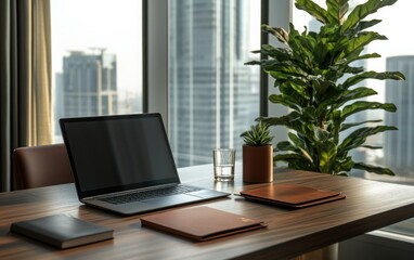 Fototapeta premium A stylish meeting room with a minimalist wooden table, a premium laptop, a leather-bound folder, and a small glass of water. 