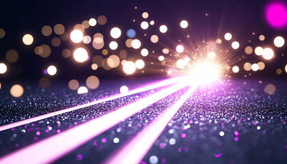Glittering pink laser beams on dark sparkle background, bokeh lights