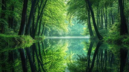 Obraz premium Tranquil forest river reflection, misty morning, peaceful nature scene, ideal for travel brochures