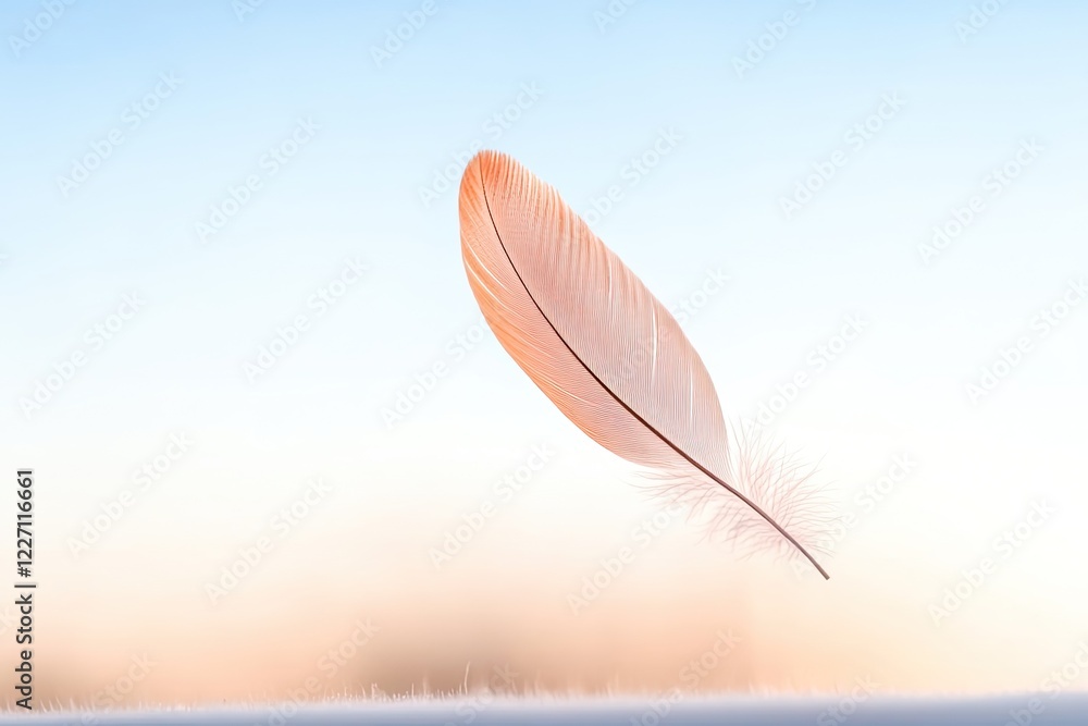 Poster single delicate feather with intricate patterns on blurred neutral background